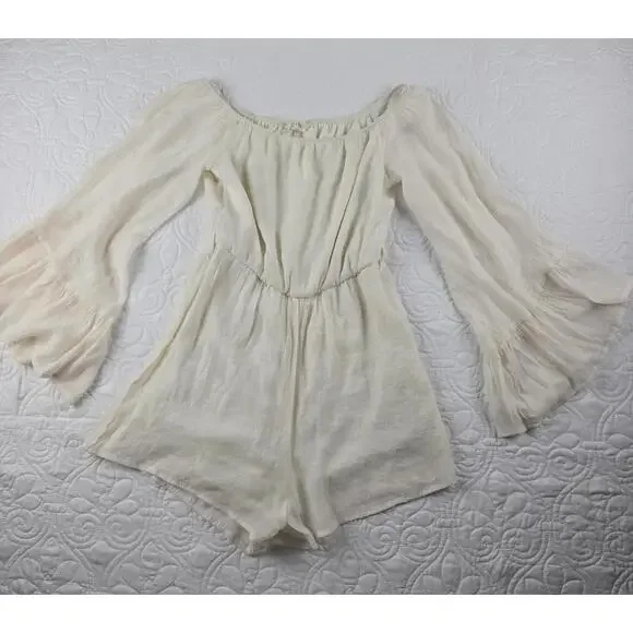 Altar'd state BoHo-style Cream color Flowy Bell Sleeve Romper, Size M - Picture 2 of 6
